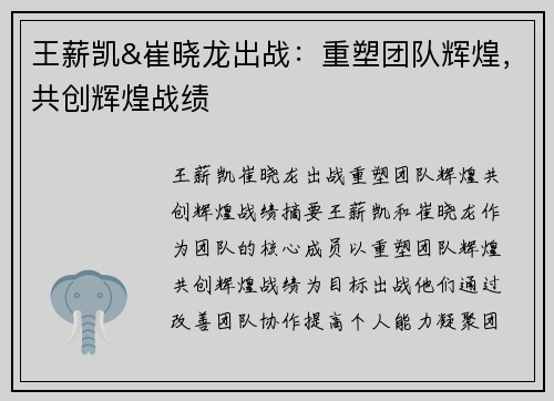 王薪凯&崔晓龙出战：重塑团队辉煌，共创辉煌战绩